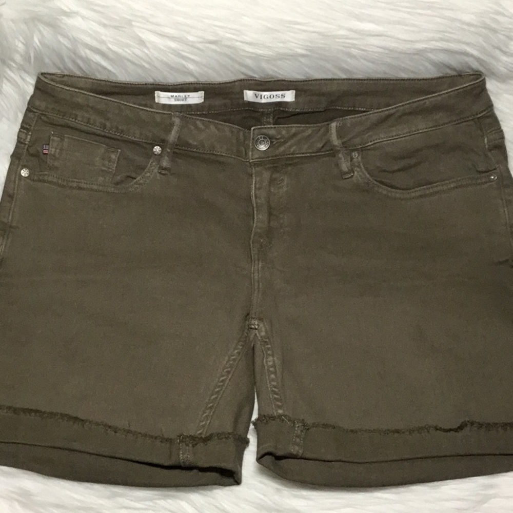 Vigoss Casie Frayed Cuff Denim Shorts, Olive, 16W